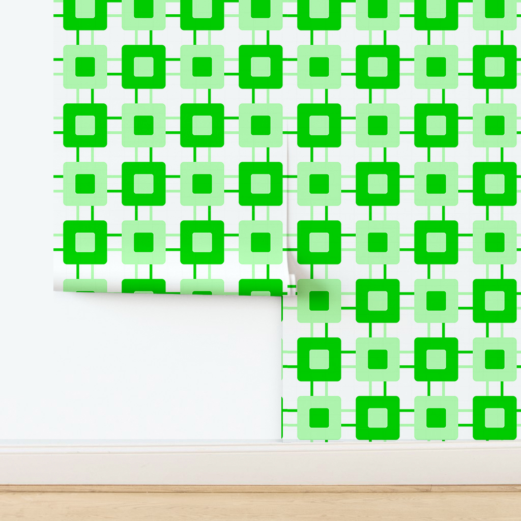 The artwork features a repeating geometric pattern of symmetrical shapes resembling elongated, curved diamonds or petals in various shades of blue and green. Each shape is split vertically with one half filled with a light blue and the other half filled with green or darker blue. The background is a light, almost pastel blue, which provides a soft yet vibrant backdrop. One of the blue shapes near the upper left contains a white starburst element, adding a focal point of brightness to the composition. The overall design conveys a modern, mid-century aesthetic with clean lines and harmonious color contrasts.